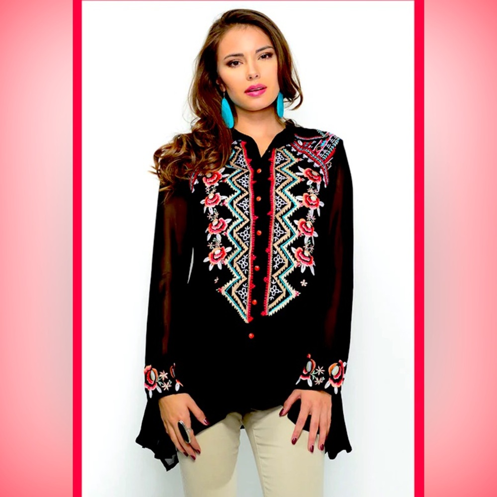 VINTAGE COLLECTION LANTANA TUNIC BLOUSE sheer sleeves embroidered RTL 295 XS NWT
